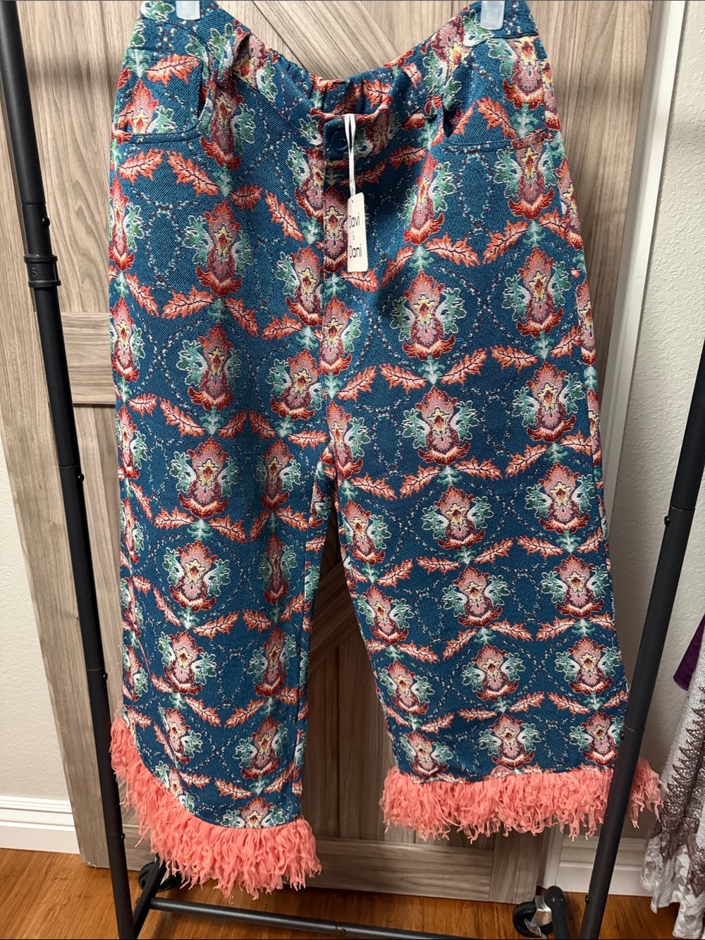 Davi & Dani Floral Tapestry Fringe Pants 1XL Boho Western